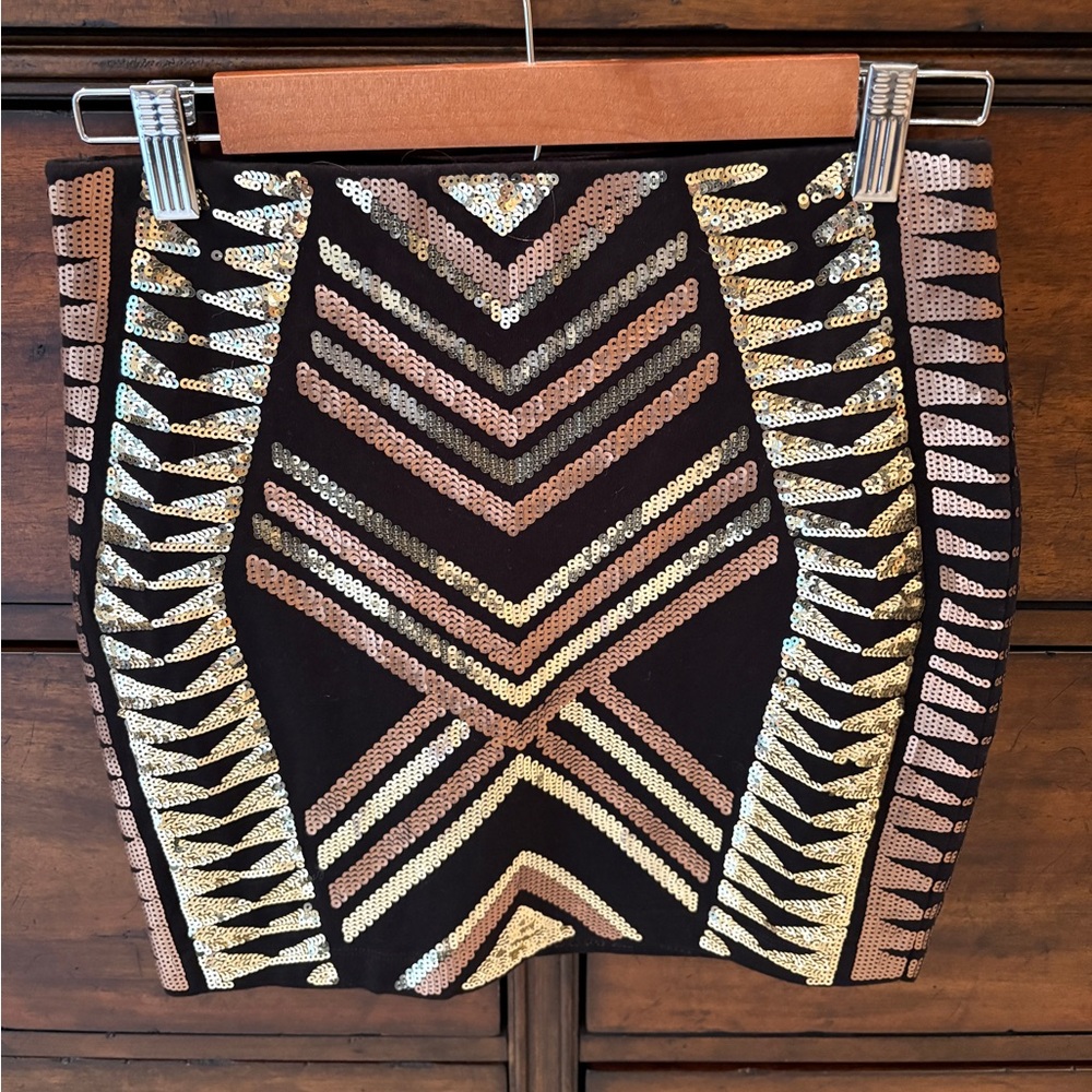 Express Black and Gold Sequin Mini Skirt